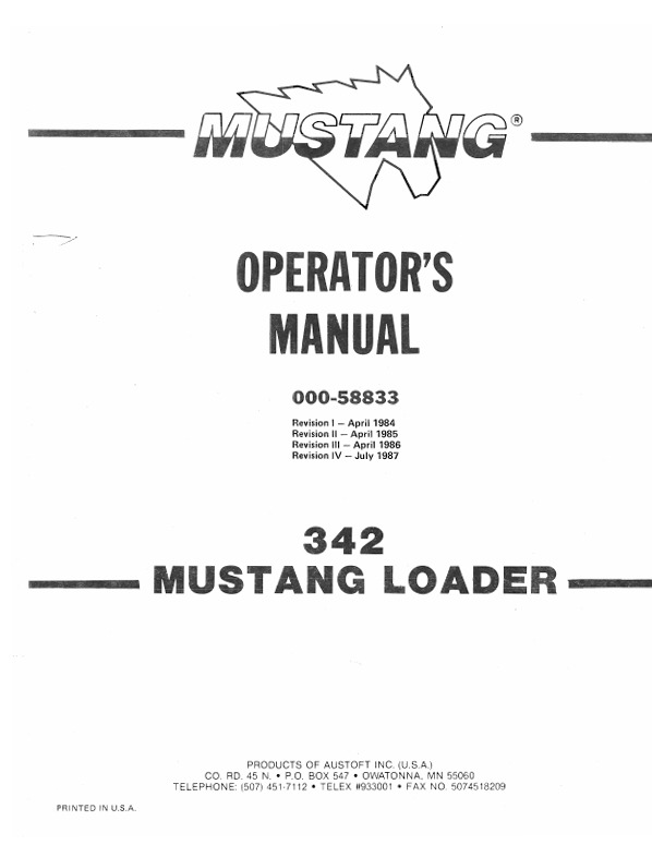 MUSTANG 342 LOADER (000-58833) OPERATOR'S MANUAL PDF