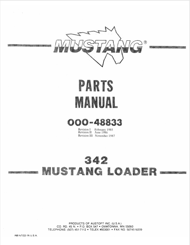Mustang 342 Skid Steer Loader (000-48833) Parts Manual PDF File