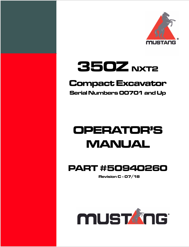 MUSTANG 350Z Compact Excavator (50940260) Operator's Manual PDF File