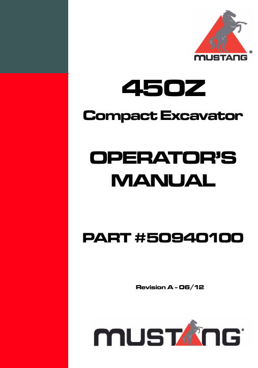 Mustang 450Z Compact Excavator (50940100) Operator’s Manual PDF Download