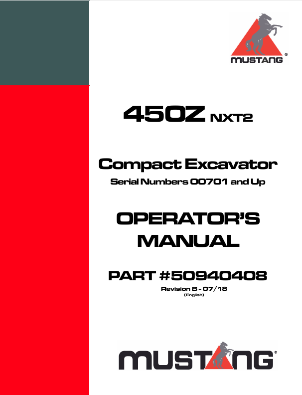 MUSTANG 450Z Compact Excavator (50940408) Operator's Manual PDF File