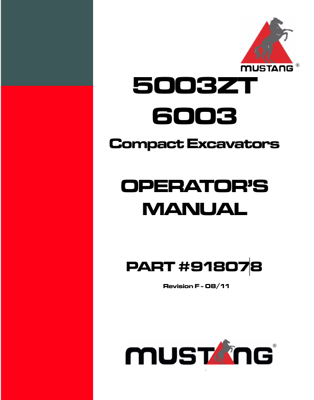 Mustang 5003ZT & 6003 Compact Excavator (918078) Operator’s Manual PDF Download