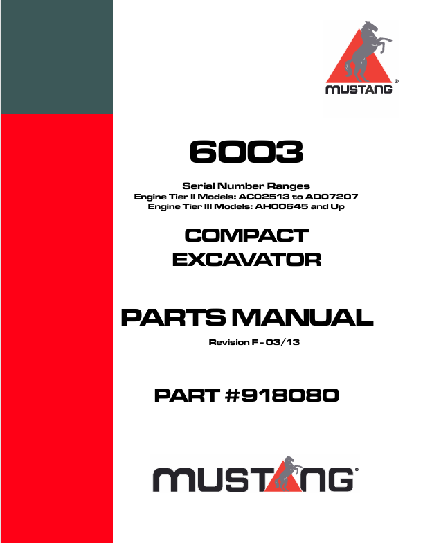 MUSTANG 6003 Compact Excavator (918080) Parts Manual PDF File