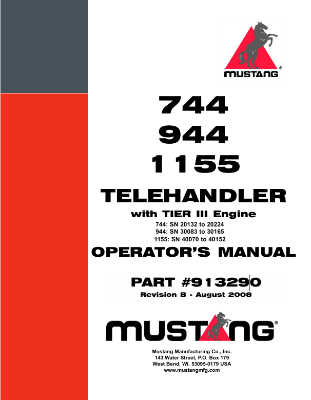 Mustang 744, 944 & 1155 Telehandler 913290 Operator’s Manual PDF Download