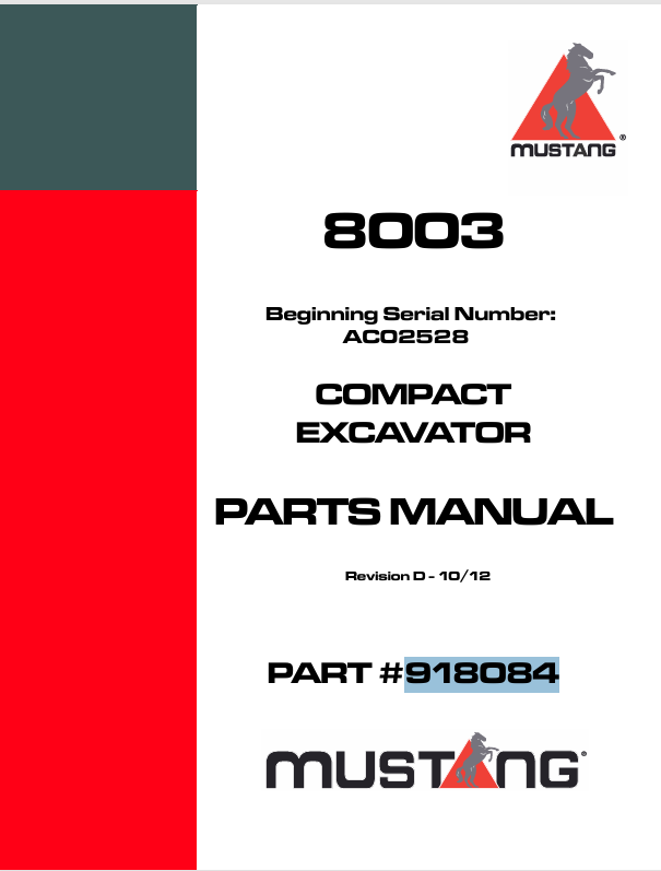 MUSTANG 8003 Compact Excavator (918084) Parts Manual PDF File