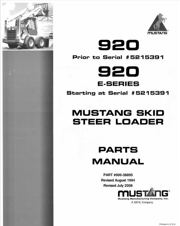 MUSTANG 920 Skid Steer Loader (000-38895) Parts Manual - PDF Download