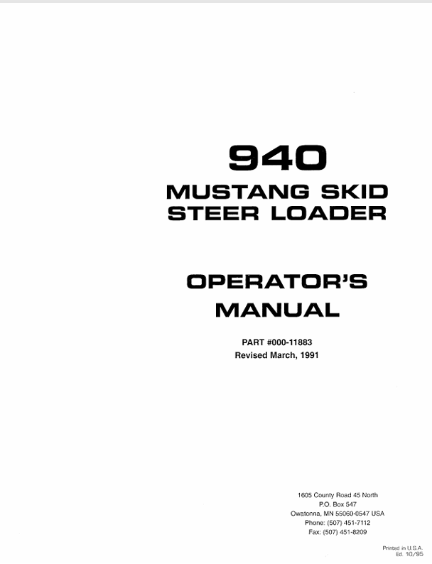MUSTANG 940 Skid Steer Loader (000-11883) Operator's Manual PDF