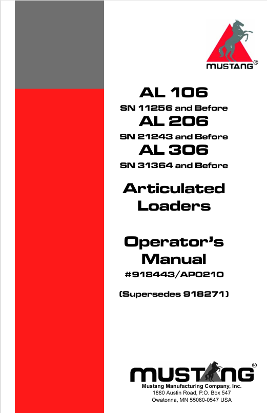 Mustang AL 106 AL 206 AL 306 Articulated Loader Operator’s Manual 918443A PDF Download