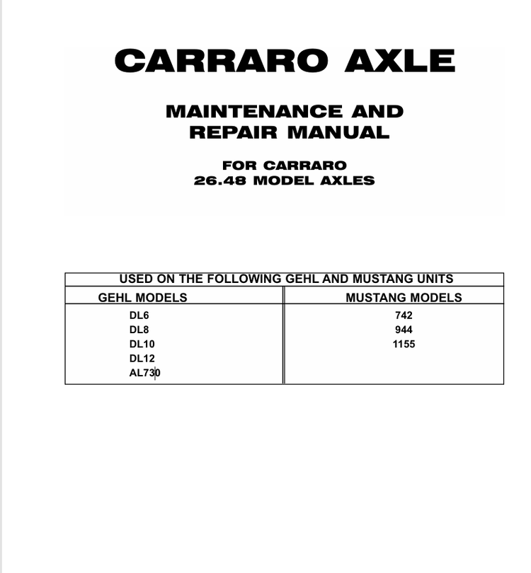 Mustang Carraro Axle 742, 944 & 1155 (908496) Maintenance and Repair Manual PDF