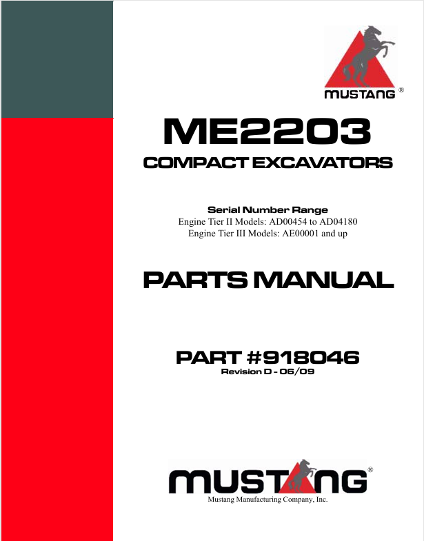 MUSTANG ME2203 Compact Excavator (918046) Parts Manual - PDF File
