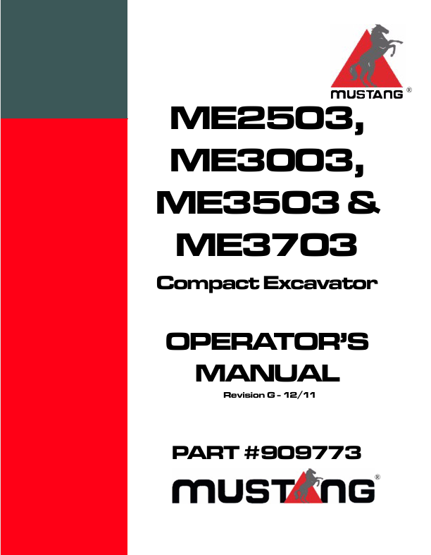 Mustang ME2503 ME3003 ME3503 ME3703 Compact Excavator Operator's Manual PDF (909773)