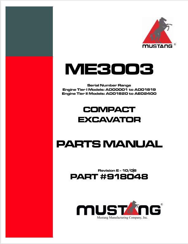 MUSTANG ME3003 Compact Excavator (918048) Parts Manual PDF Download