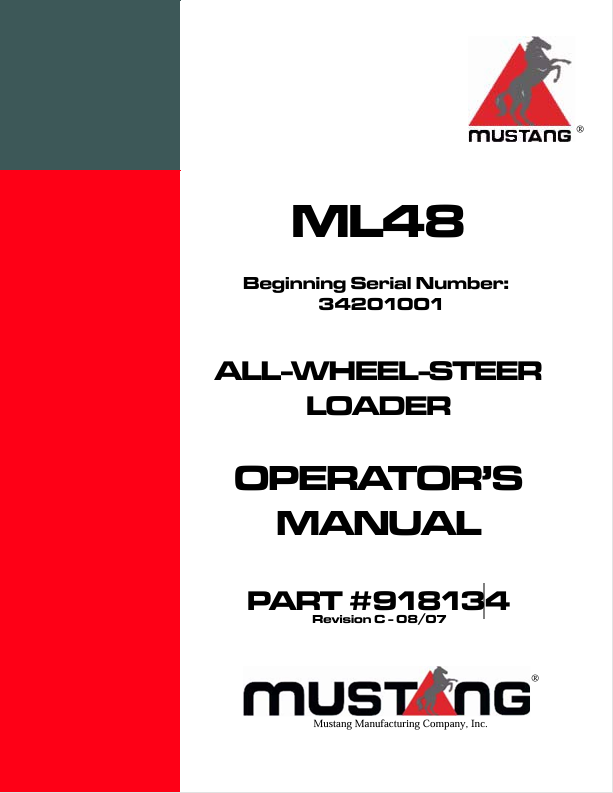 Mustang ML48 All Wheel Steer Loader (918134) Operator's Manual PDF Download