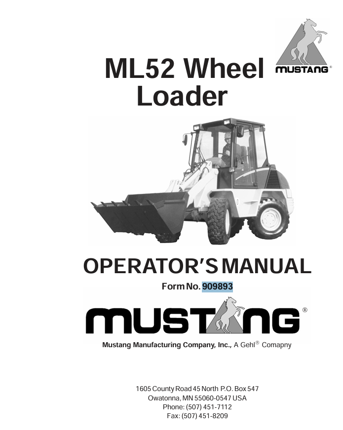 Mustang ML52 Wheel Loader 909893 Operator’s Manual PDF Download