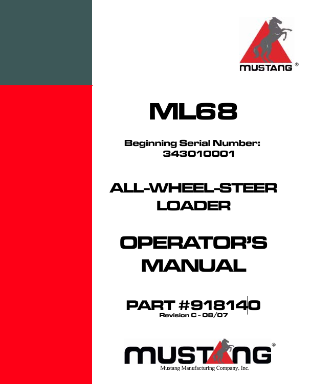 Mustang ML68 All Wheel Steer Loader (918140) Operator's Manual PDF Download