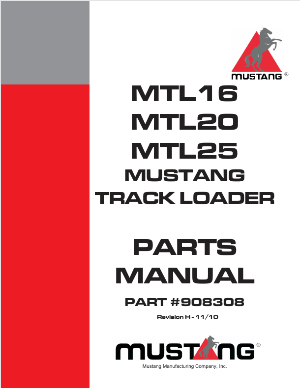MUSTANG MTL16, MTL20, MTL25 Track Loader (908308) Parts Manual PDF Download