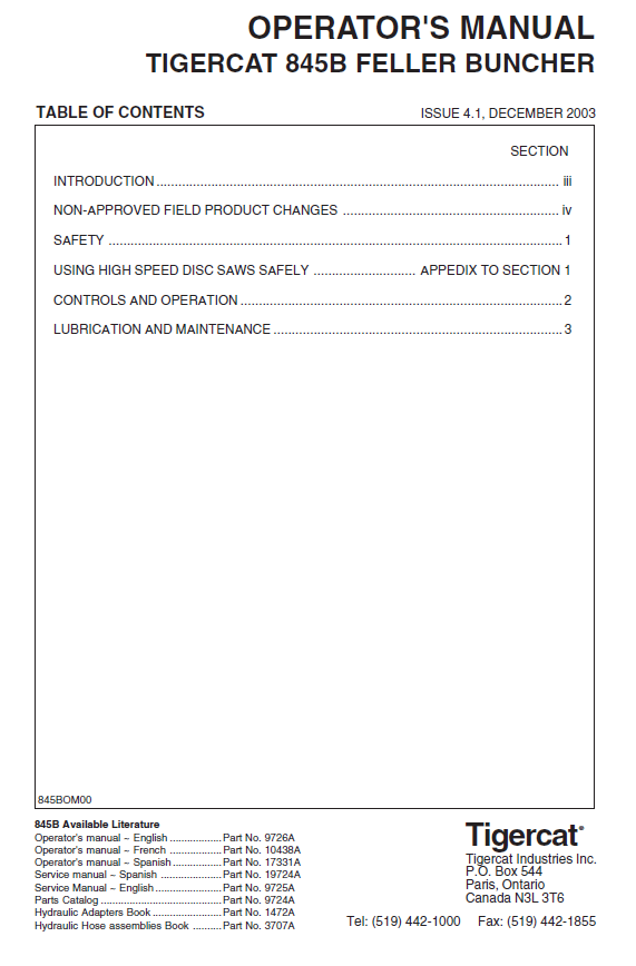 Tigercat L845B Feller Buncher Operator/User Manual (845T0501-845T1499)