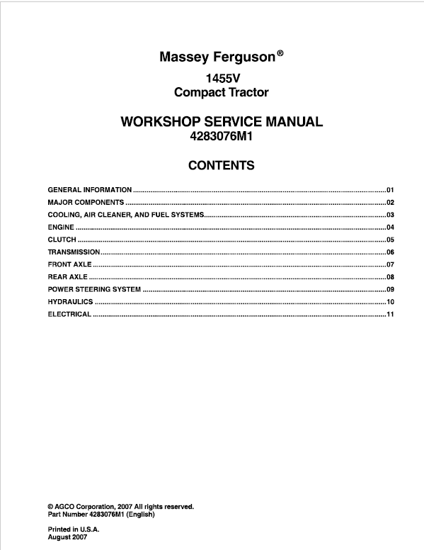 Massey Ferguson 1455V Compact Tractor Service Repair 4283076M1 PDF