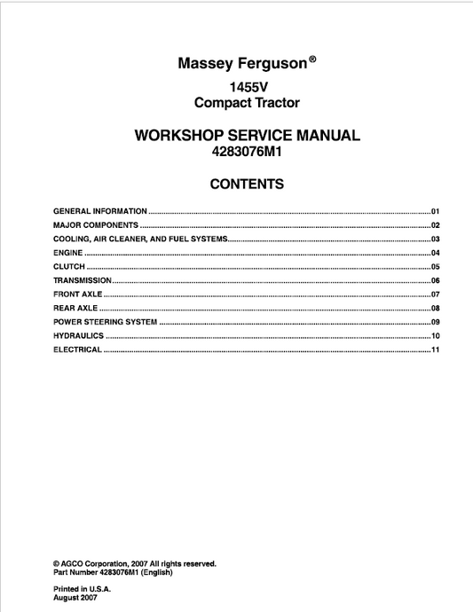 Massey Ferguson 1455V Compact Tractor Service Repair 4283076M1 PDF