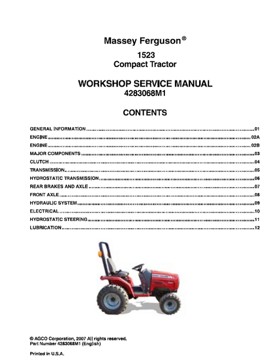 Massey Ferguson 1523 Compact Tractor Service Repair 4283068M1 PDF