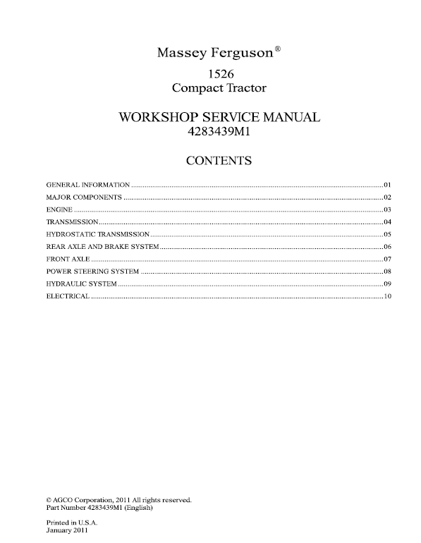 Massey Ferguson 1526 Compact Tractor Service Repair 4283439M1 PDF