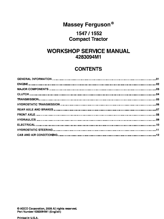 Massey Ferguson 1547 & 1552 Compact Tractor Service Repair 4283094M1 PDF