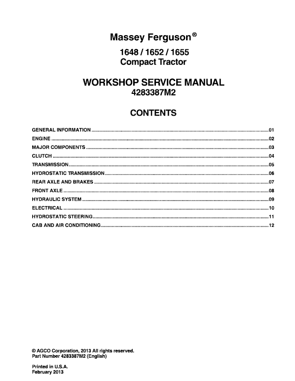 Massey Ferguson 1648, 1652 & 1655 Compact Tractor Service Repair PDF