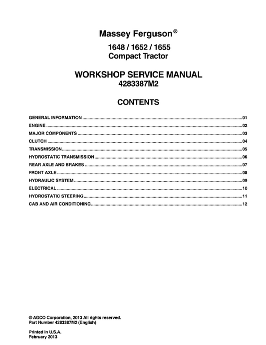 Massey Ferguson 1648, 1652 & 1655 Compact Tractor Service Repair PDF