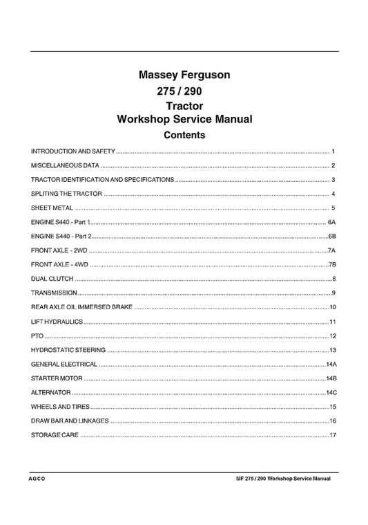 Massey Ferguson 275 & 290 Tractor Workshop Service Repair PDF