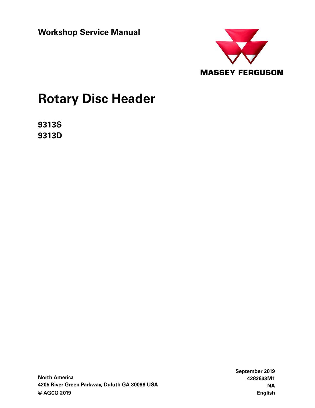 Massey Ferguson MF 9313S & 9313D Rotary Disc Header Workshop Service Repair Manual PDF