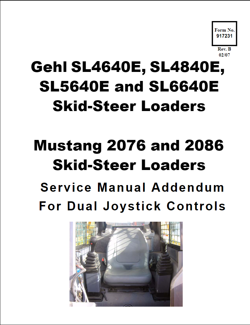 Mustang 2076, 2086 Skid Steer Loader Service Manual Addendum for Dual Joystick Controls 917231 PDF Download