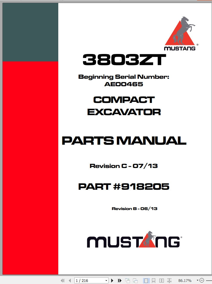 Mustang 3803ZT Compact Excavator Parts Catalog Manual 918205 - PDF Download
