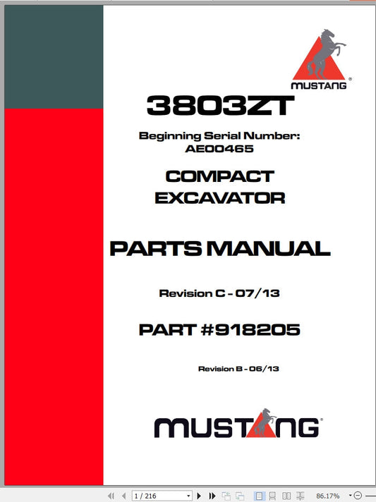 Mustang 3803ZT Compact Excavator Parts Catalog Manual 918205 - PDF Download