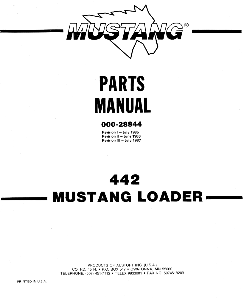Mustang 442 Skid Steer Loader Parts Catalog Manual (000-28844C) PDF Download