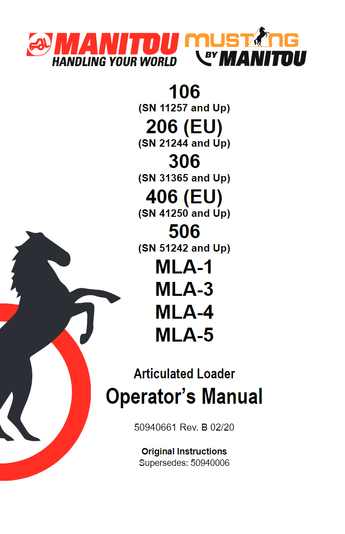 Mustang AL106 AL206 AL306 AL406 AL506 Articulated Loader Manual PDF Download