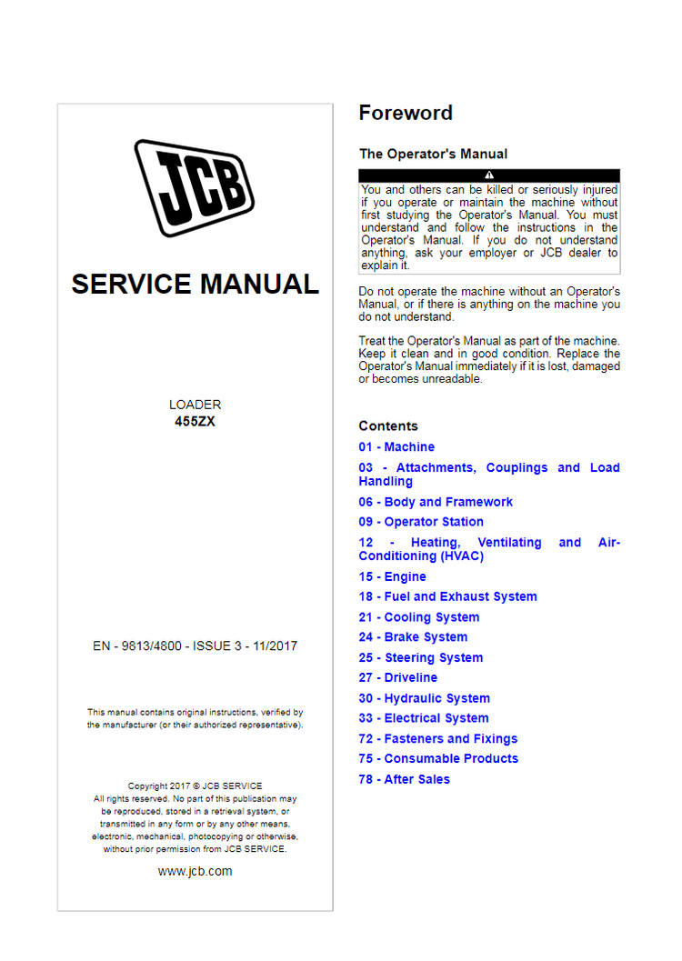 JCB 455ZX Wheel Loader Service Repair Manual EN – 9813/4800 PDF Download