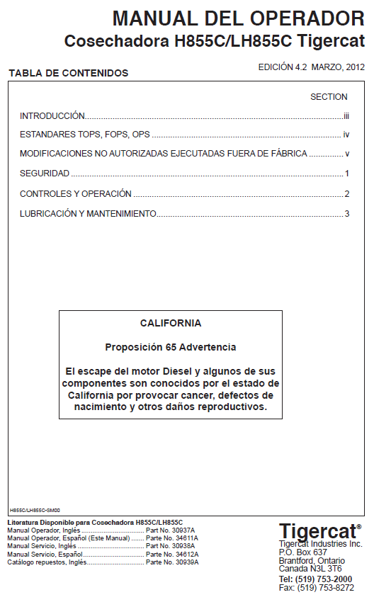 TIGERCAT LH855C HARVESTER OPERATOR/USER MANUAL (85580101-85582000, 85580101-85581000)