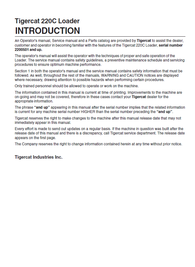 TIGERCAT 220C LOADER OPERATOR MANUAL (2200501-2200600)