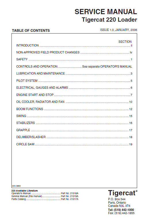 TIGERCAT 220 LOADER SERVICE REPAIR MANUAL (2200111-2200500)