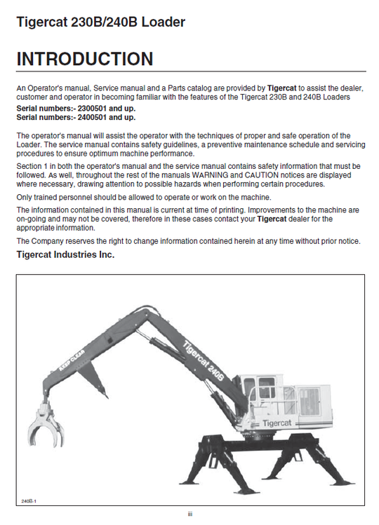 TIGERCAT 230B LOADER OPERATOR MANUAL (2300501-2301500)