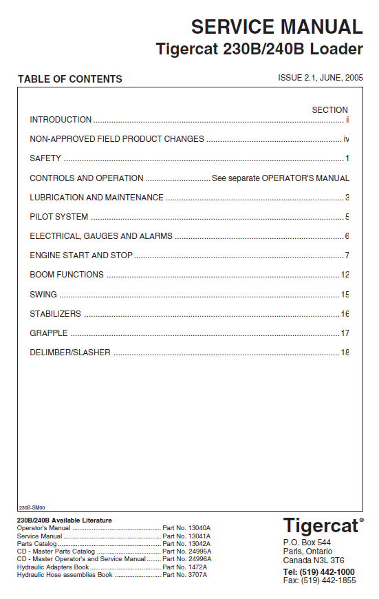 TIGERCAT 230B LOADER SERVICE REPAIR MANUAL (2300501-2301500)