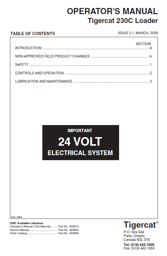 TIGERCAT 230C LOADER OPERATOR MANUAL (2301501-2301999)