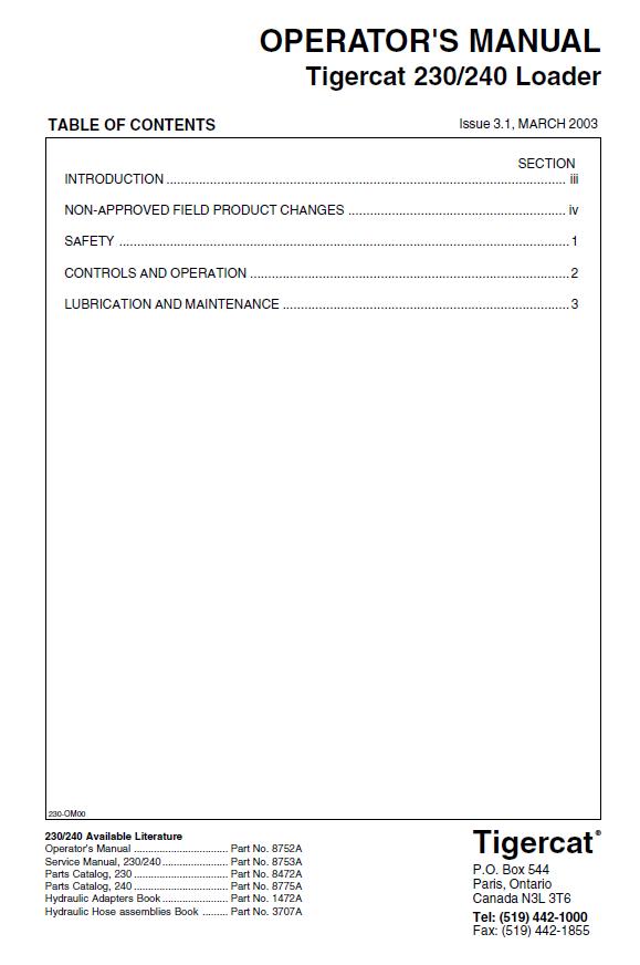 TIGERCAT 230 LOADER OPERATOR MANUAL (2300101-2300499)