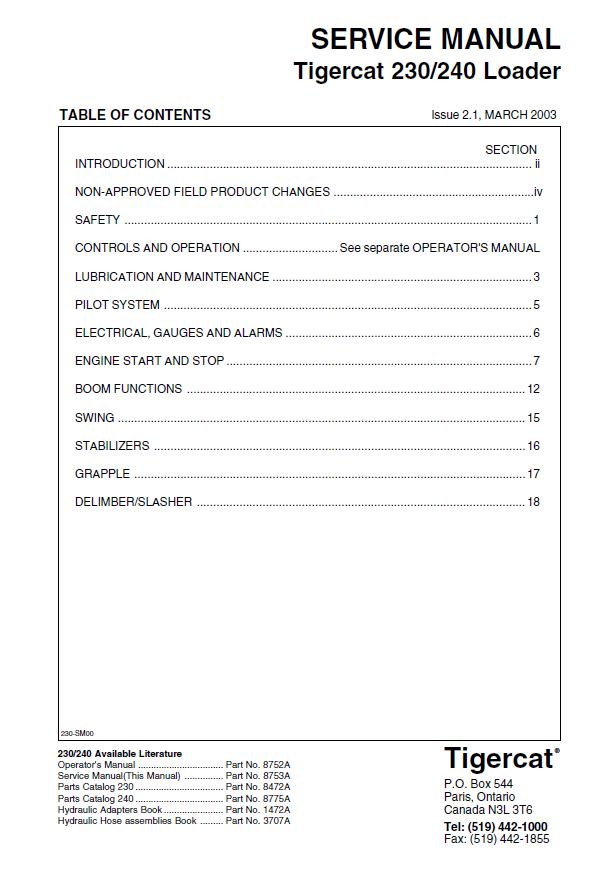 TIGERCAT 230 LOADER SERVICE REPAIR MANUAL (2300101-2300499)