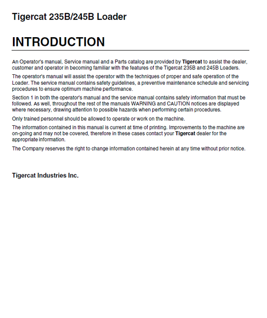 TIGERCAT 235B LOADER OPERATOR MANUAL (2350201-2350500)