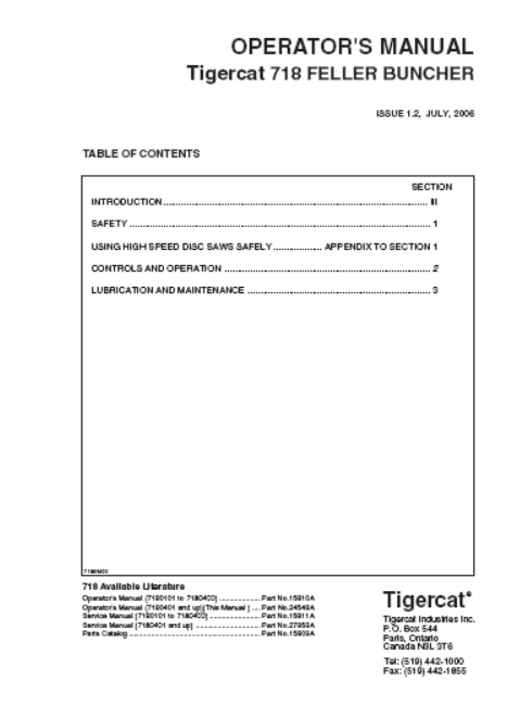 TIGERCAT 718 FELLER BUNCHER OPERATOR MANUAL (7180101 - 7180900)