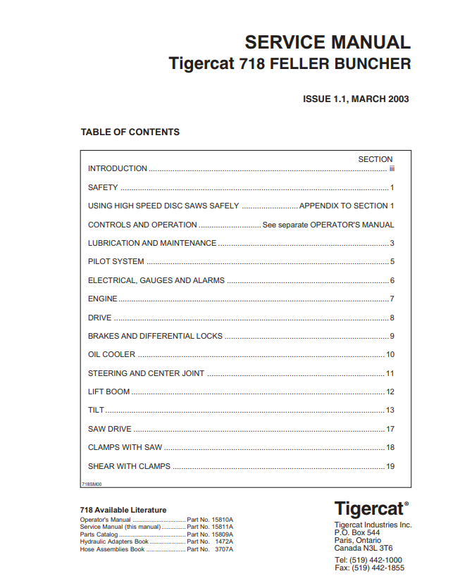 TIGERCAT 718 FELLER BUNCHER SERVICE MANUAL (7180101 - 7180400)