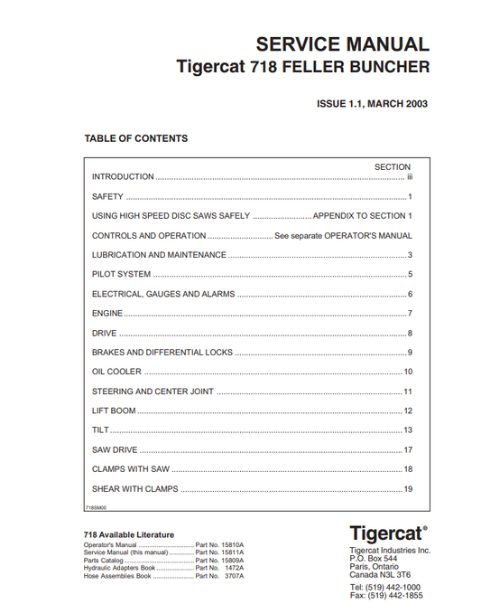 TIGERCAT 718 FELLER BUNCHER SERVICE MANUAL (7180101 - 7180400)