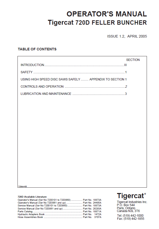 TIGERCAT 720D FELLER BUNCHER OPERATOR MANUAL (7203501-7204400, 7203861-7204400)