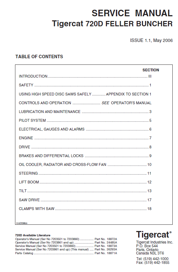 TIGERCAT 720D FELLER BUNCHER SERVICE MANUAL (7203501-7204400, 7203861-7204400)
